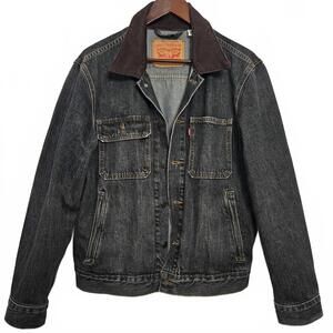 Levi's Denim Trucker Jacket Black Brown Corduroy Collar Engineer Pocket Small